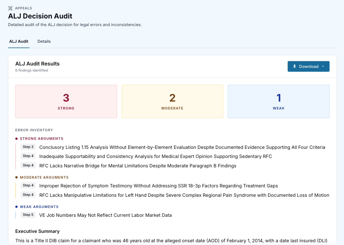ALJ Decision Audit: findings grouped by strong, moderate, and weak arguments with remand likelihood.