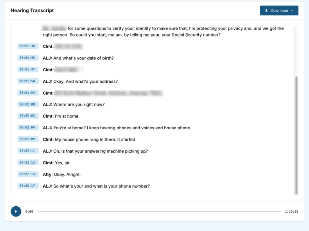 Hearing Transcription: an auto-tagged hearing transcript with click-to-play audio.