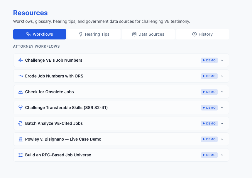 Job Buster resources: workflows, glossary, hearing tips, and government data sources.