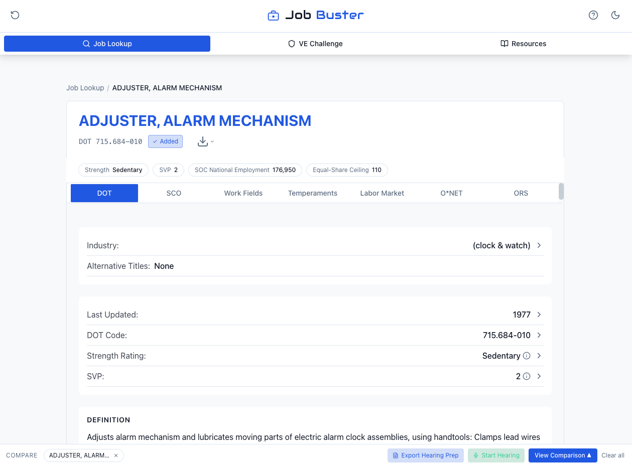 Job Buster — full DOT record for an occupation with industry, strength, SVP, and definition shown.