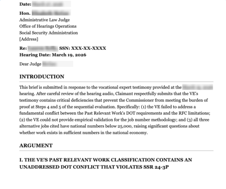 Post-Hearing Objections: a drafted submission to the ALJ objecting to the vocational expert's testimony.