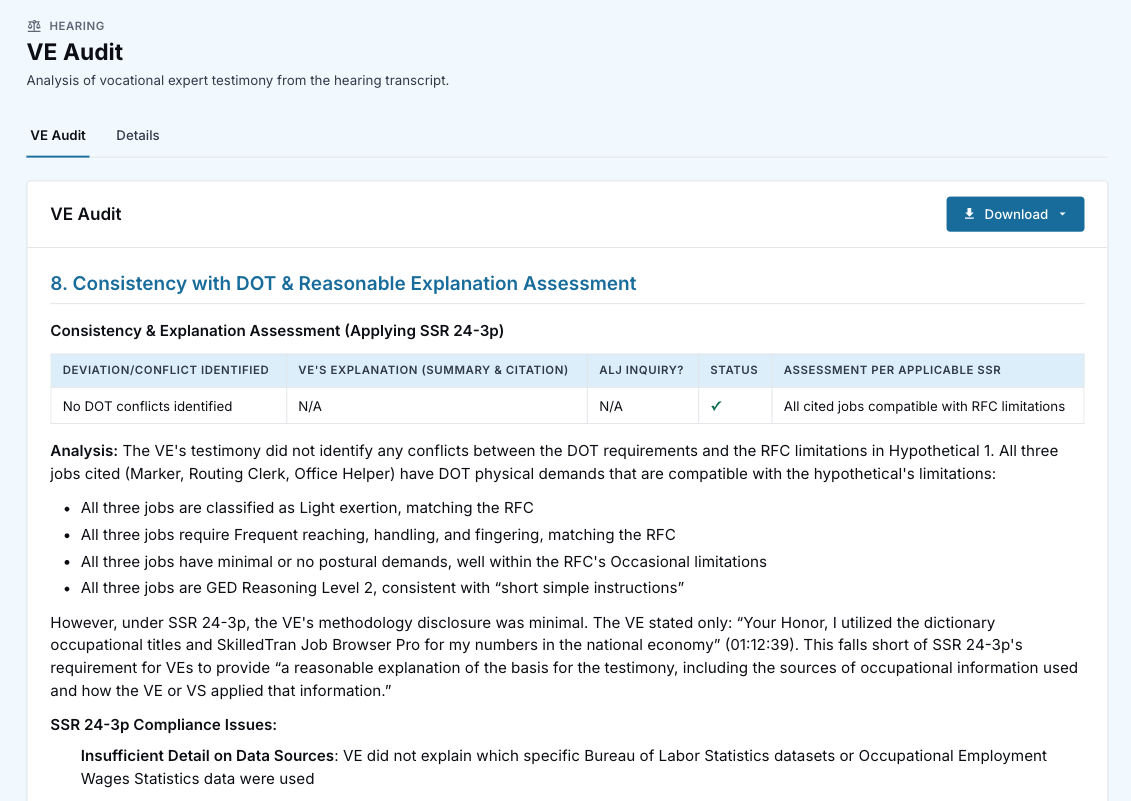 VE Audit: vocational expert testimony analysis with mental limitations, identified jobs verified against DOT codes, and flagged cross-examination gaps.
